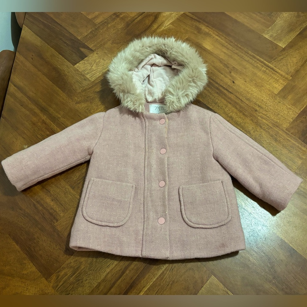 Zara Girls Pink Coat with Fur Trim Hood, Size 12-18 M